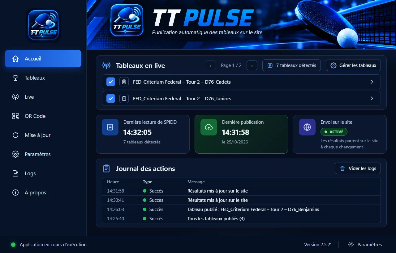 TT Pulse à la table de marque : tableaux en live, dernière lecture de SPIDD, envoi sur le site activé