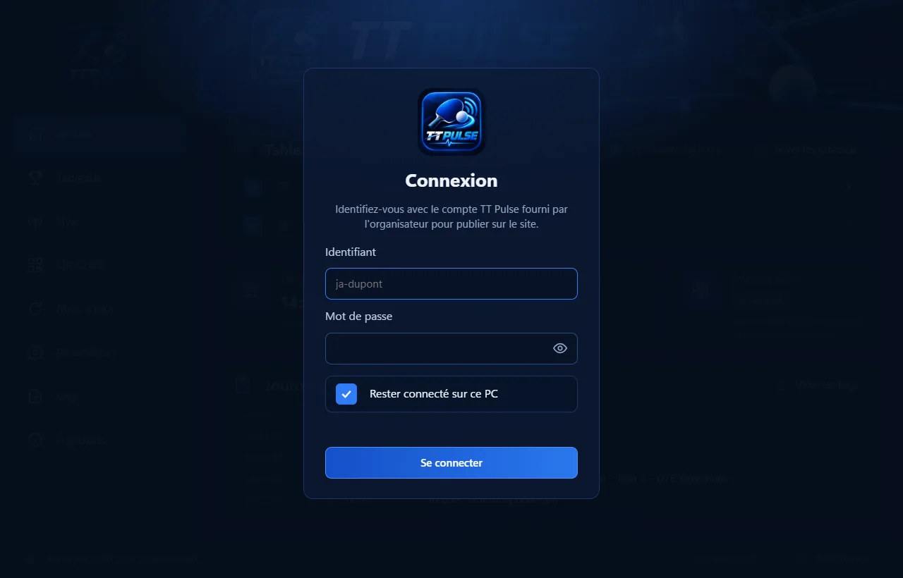 L'écran de connexion de TT Pulse
