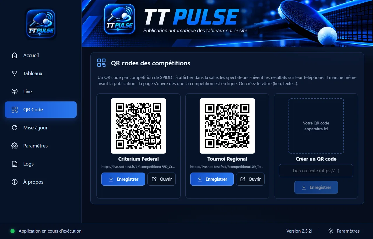Onglet QR Code de TT Pulse : une affiche par compétition, prête à imprimer