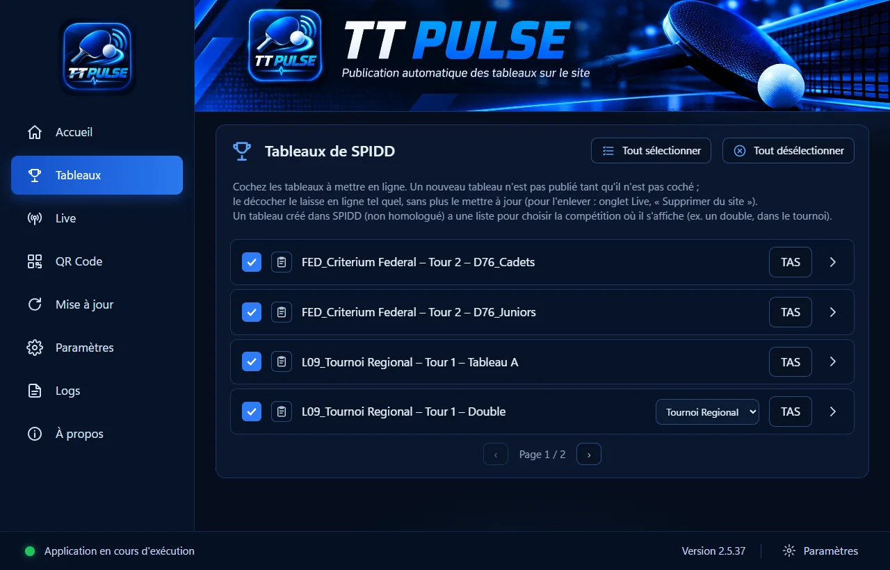 Onglet Tableaux de TT Pulse : les tableaux de SPIDD à cocher pour les publier